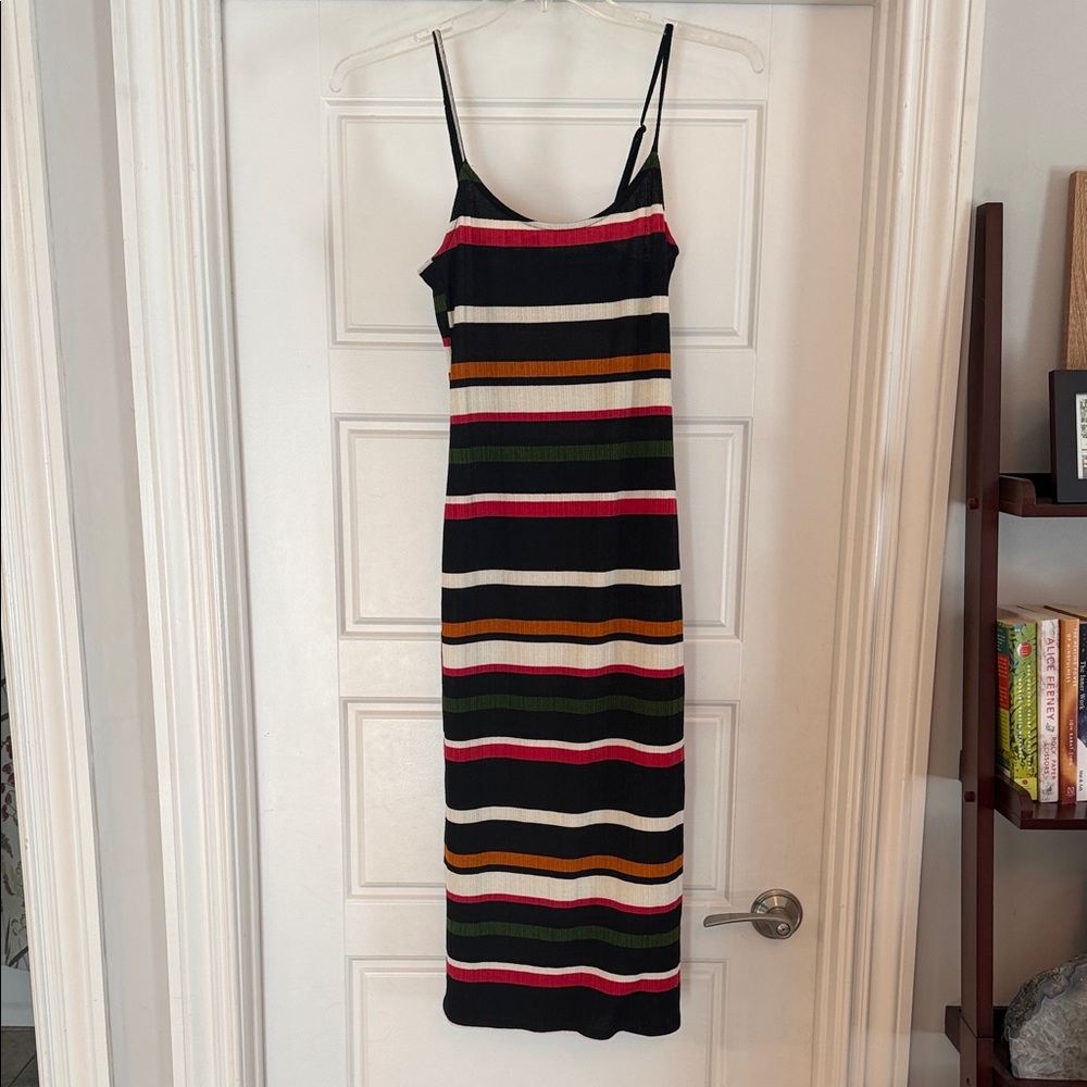 Striped Knit Midi Slip Dress in Black and Multi